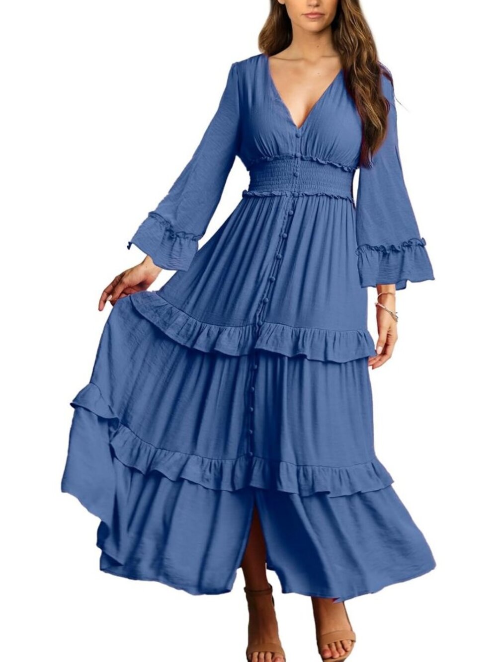 Boho V Neck Long Sleeve Maxi Dress for Women | Flowy Fall Wedding Guest Dress